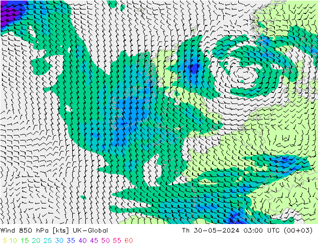 Vento 850 hPa UK-Global Qui 30.05.2024 03 UTC