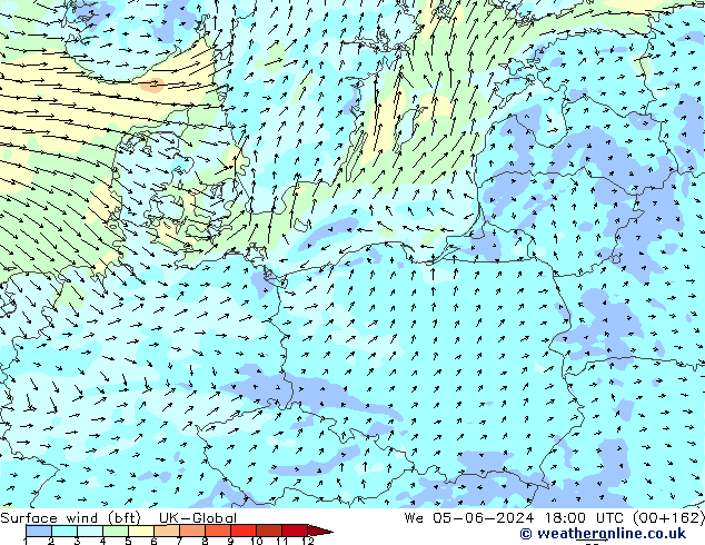 Vento 10 m (bft) UK-Global mer 05.06.2024 18 UTC
