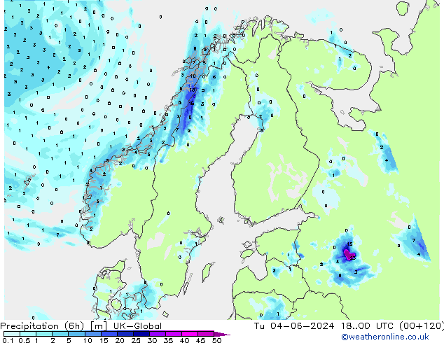 Precipitation (6h) UK-Global Út 04.06.2024 00 UTC