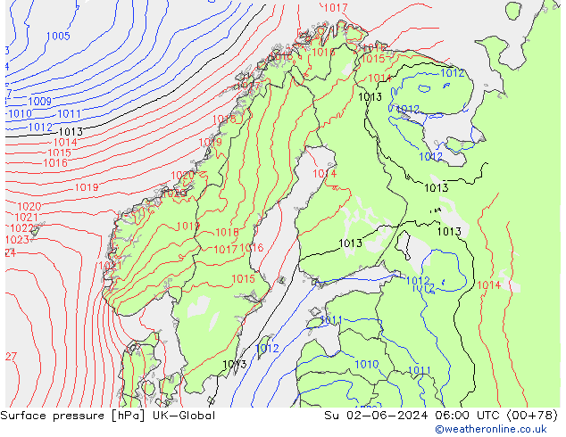 Atmosférický tlak UK-Global Ne 02.06.2024 06 UTC