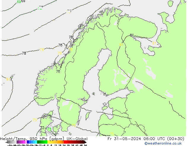 Hoogte/Temp. 950 hPa UK-Global vr 31.05.2024 06 UTC