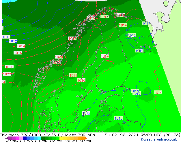 Thck 700-1000 hPa UK-Global Su 02.06.2024 06 UTC