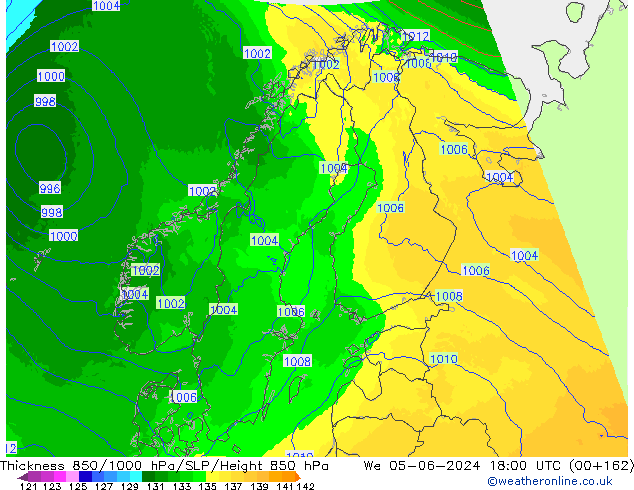 Thck 850-1000 гПа UK-Global ср 05.06.2024 18 UTC