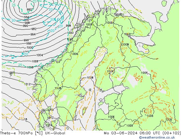 Theta-e 700hPa UK-Global Mo 03.06.2024 06 UTC
