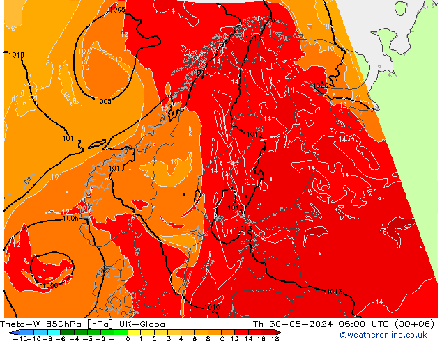 Theta-W 850hPa UK-Global Th 30.05.2024 06 UTC