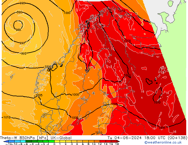 Theta-W 850гПа UK-Global вт 04.06.2024 18 UTC