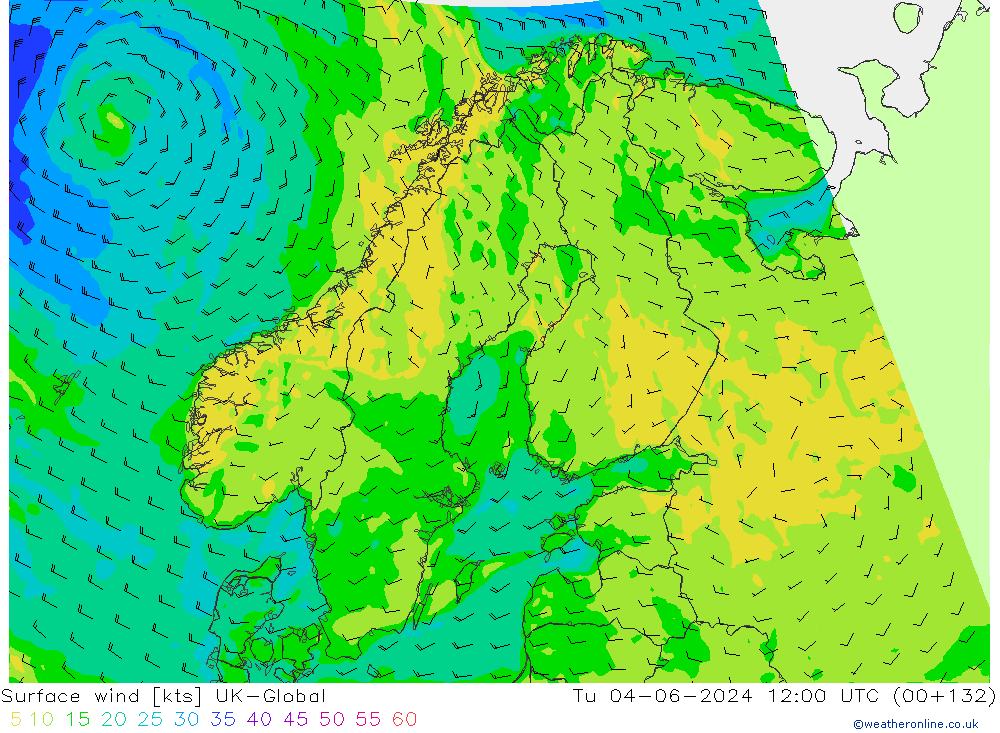 Vento 10 m UK-Global mar 04.06.2024 12 UTC