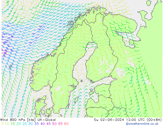 Wind 850 hPa UK-Global Ne 02.06.2024 12 UTC