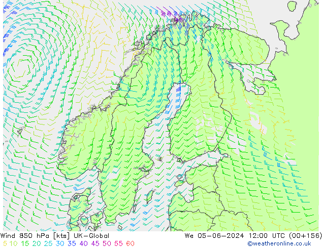 Vento 850 hPa UK-Global mer 05.06.2024 12 UTC