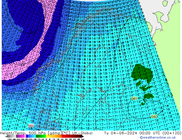 Height/Temp. 500 hPa UK-Global Út 04.06.2024 00 UTC