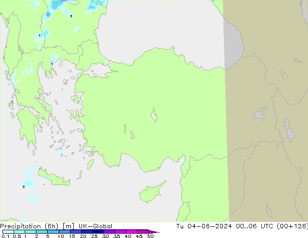 Precipitation (6h) UK-Global Út 04.06.2024 06 UTC