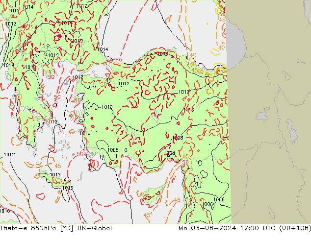 Theta-e 850гПа UK-Global пн 03.06.2024 12 UTC