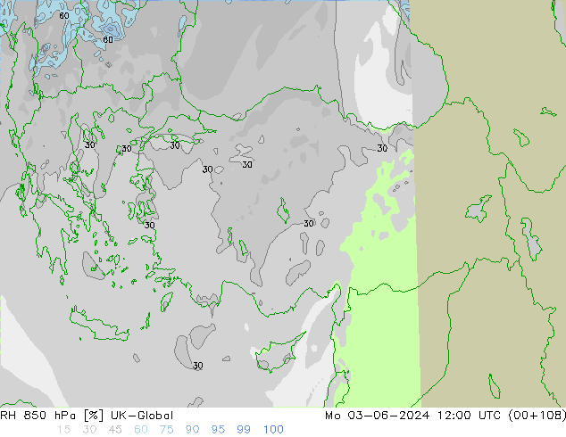 Humedad rel. 850hPa UK-Global lun 03.06.2024 12 UTC