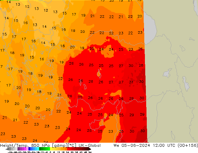 Hoogte/Temp. 850 hPa UK-Global wo 05.06.2024 12 UTC