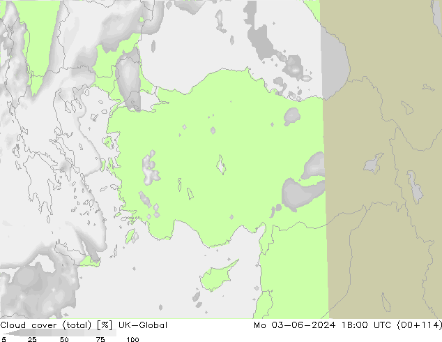 Cloud cover (total) UK-Global Mo 03.06.2024 18 UTC