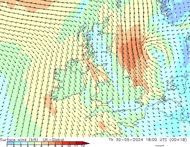 Rüzgar 10 m (bft) UK-Global Per 30.05.2024 18 UTC
