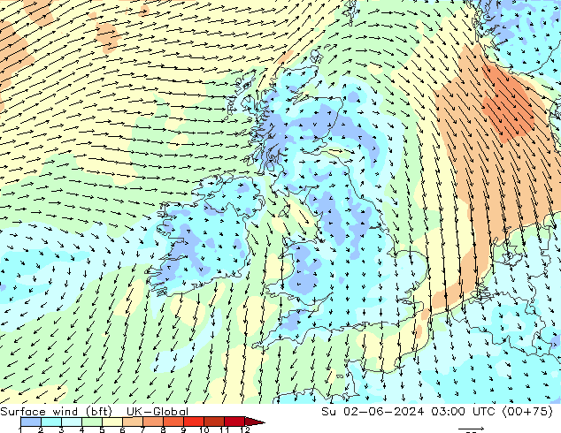 Surface wind (bft) UK-Global Su 02.06.2024 03 UTC