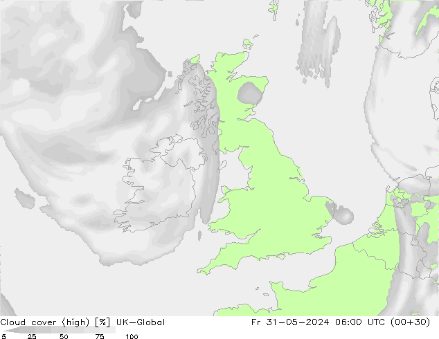 Cloud cover (high) UK-Global Fr 31.05.2024 06 UTC