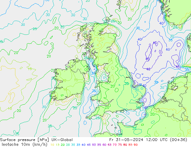 Isotachs (kph) UK-Global Pá 31.05.2024 12 UTC