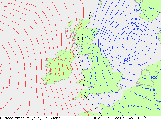 Surface pressure UK-Global Th 30.05.2024 09 UTC