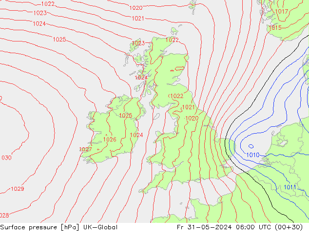 Pressione al suolo UK-Global ven 31.05.2024 06 UTC