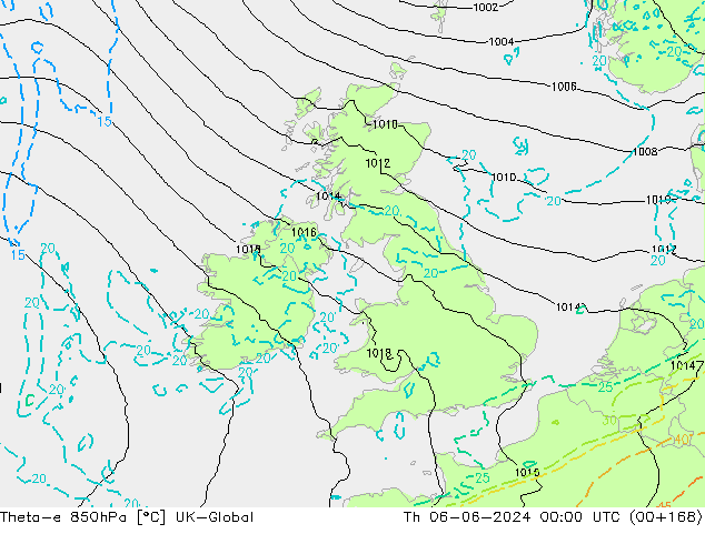 Theta-e 850hPa UK-Global Qui 06.06.2024 00 UTC