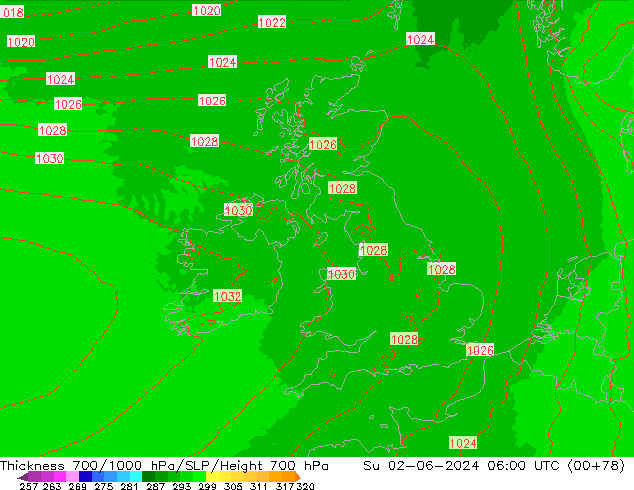 Thck 700-1000 hPa UK-Global  02.06.2024 06 UTC