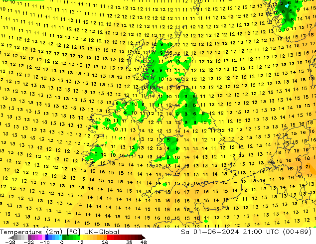 Temperatuurkaart (2m) UK-Global za 01.06.2024 21 UTC