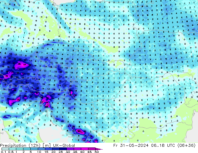 Precipitation (12h) UK-Global Fr 31.05.2024 18 UTC