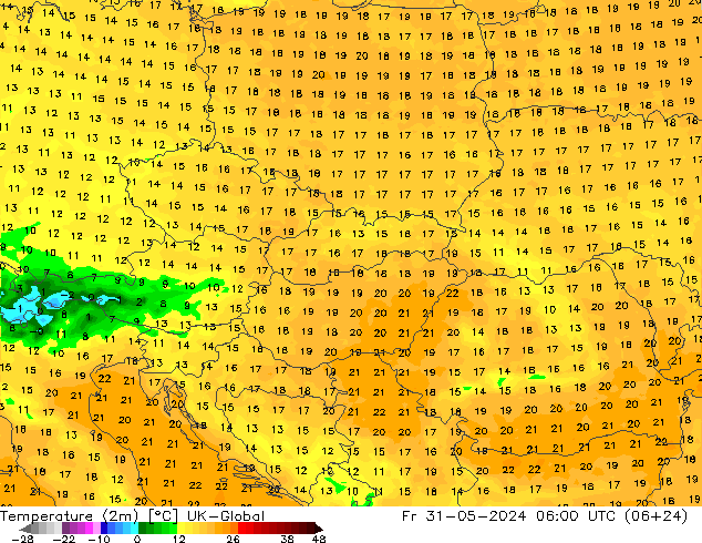 Sıcaklık Haritası (2m) UK-Global Cu 31.05.2024 06 UTC