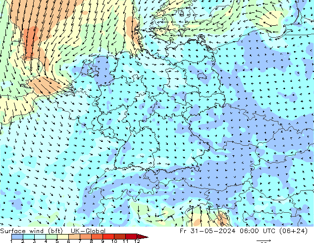 Surface wind (bft) UK-Global Pá 31.05.2024 06 UTC