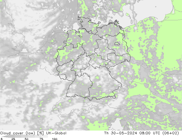 Cloud cover (low) UK-Global Th 30.05.2024 08 UTC