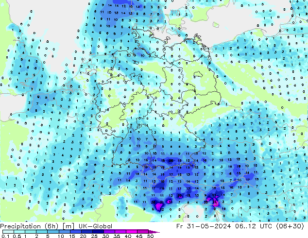 Yağış (6h) UK-Global Cu 31.05.2024 12 UTC