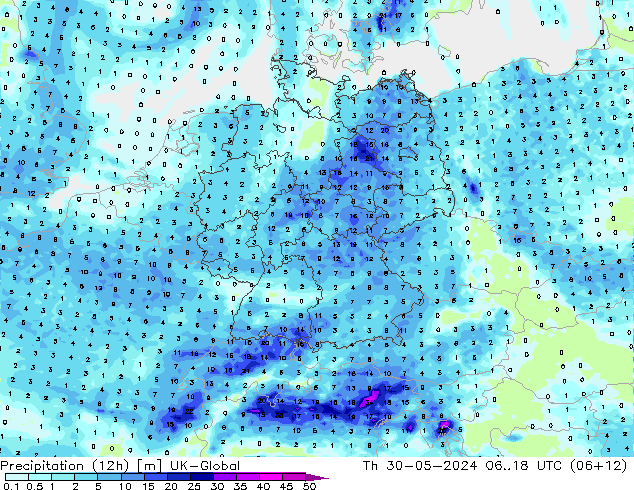 Precipitation (12h) UK-Global Čt 30.05.2024 18 UTC