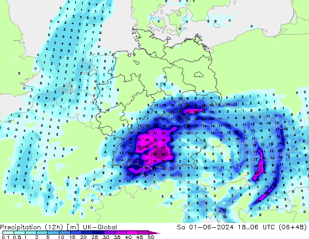 Precipitation (12h) UK-Global So 01.06.2024 06 UTC