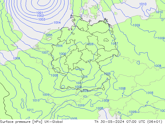 Pressione al suolo UK-Global gio 30.05.2024 07 UTC