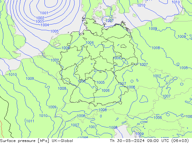 Presión superficial UK-Global jue 30.05.2024 09 UTC