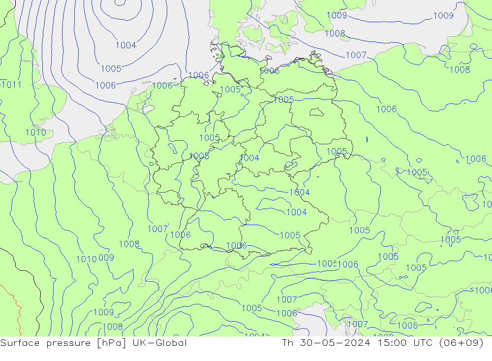 Surface pressure UK-Global Th 30.05.2024 15 UTC