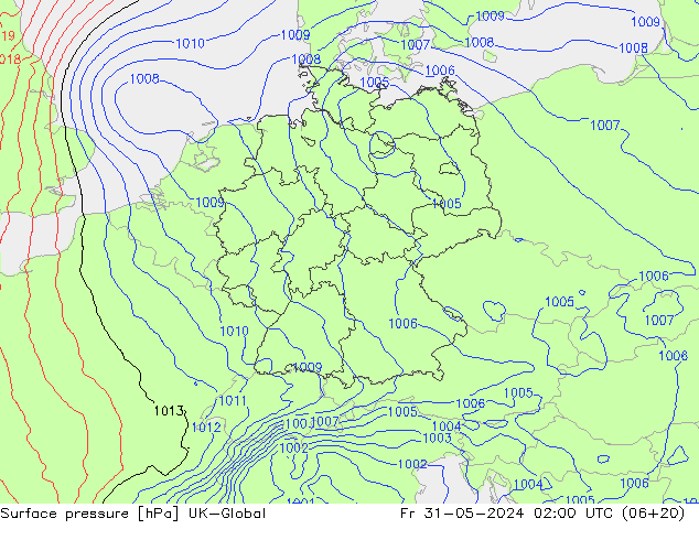 Pressione al suolo UK-Global ven 31.05.2024 02 UTC