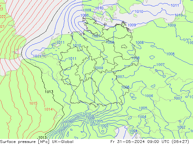 Surface pressure UK-Global Fr 31.05.2024 09 UTC