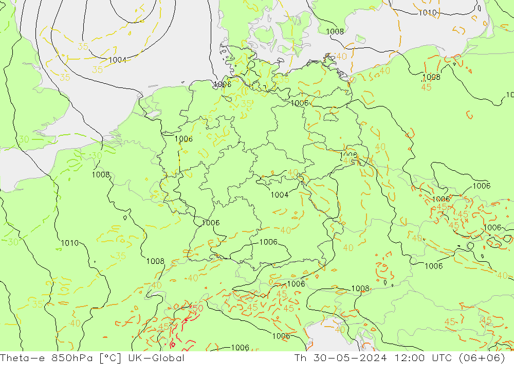 Theta-e 850hPa UK-Global  30.05.2024 12 UTC