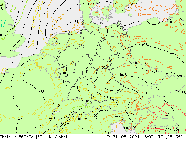 Theta-e 850hPa UK-Global ven 31.05.2024 18 UTC