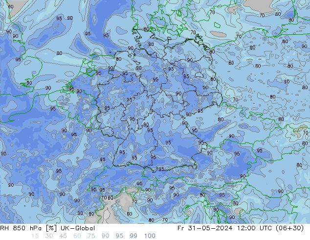 RH 850 hPa UK-Global Fr 31.05.2024 12 UTC