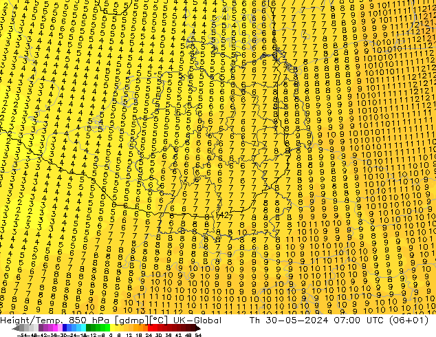 Hoogte/Temp. 850 hPa UK-Global do 30.05.2024 07 UTC