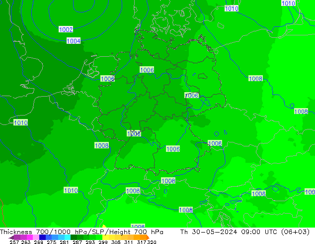 Thck 700-1000 гПа UK-Global чт 30.05.2024 09 UTC