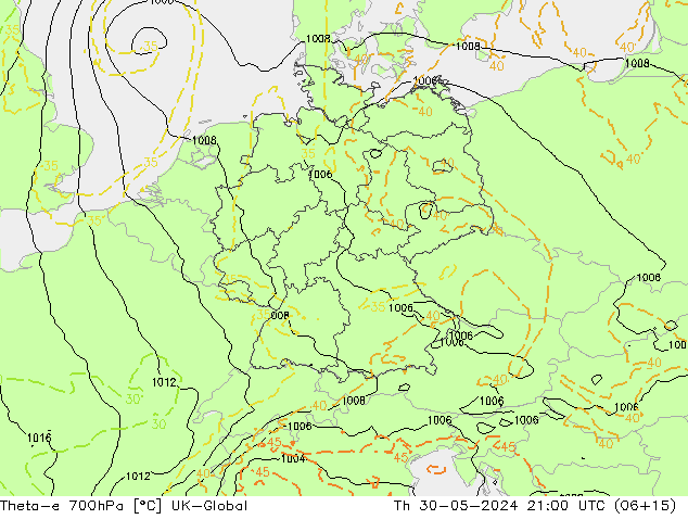 Theta-e 700hPa UK-Global Qui 30.05.2024 21 UTC