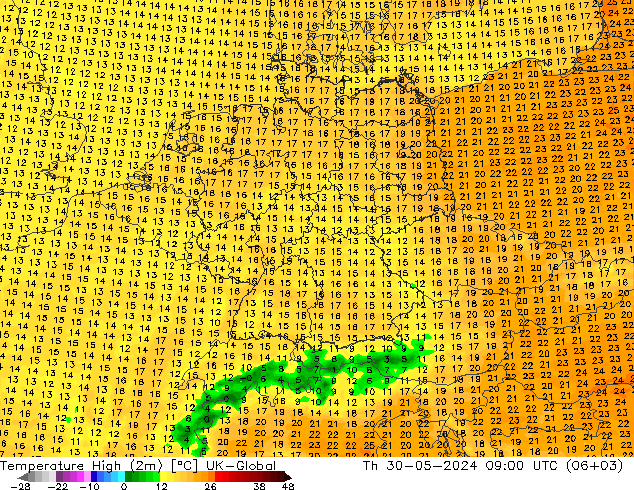 Temperature High (2m) UK-Global Th 30.05.2024 09 UTC