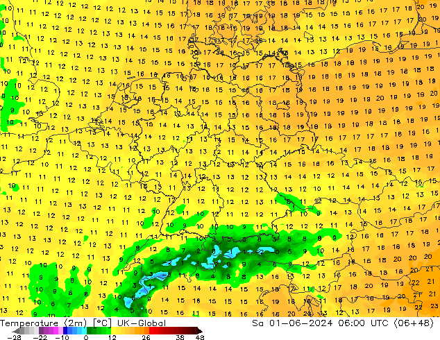 Temperatura (2m) UK-Global sab 01.06.2024 06 UTC