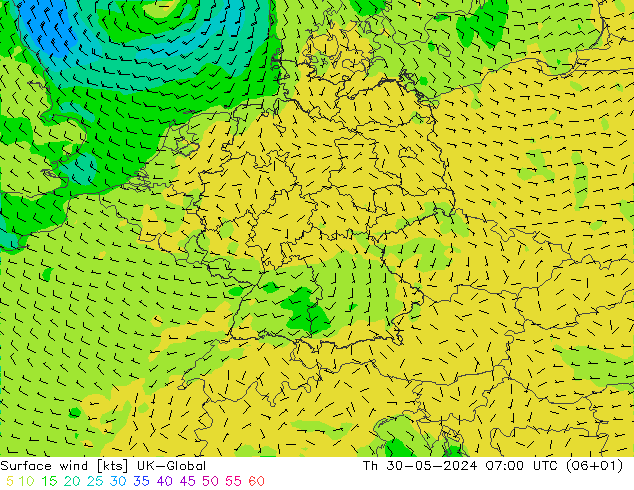 Wind 10 m UK-Global do 30.05.2024 07 UTC