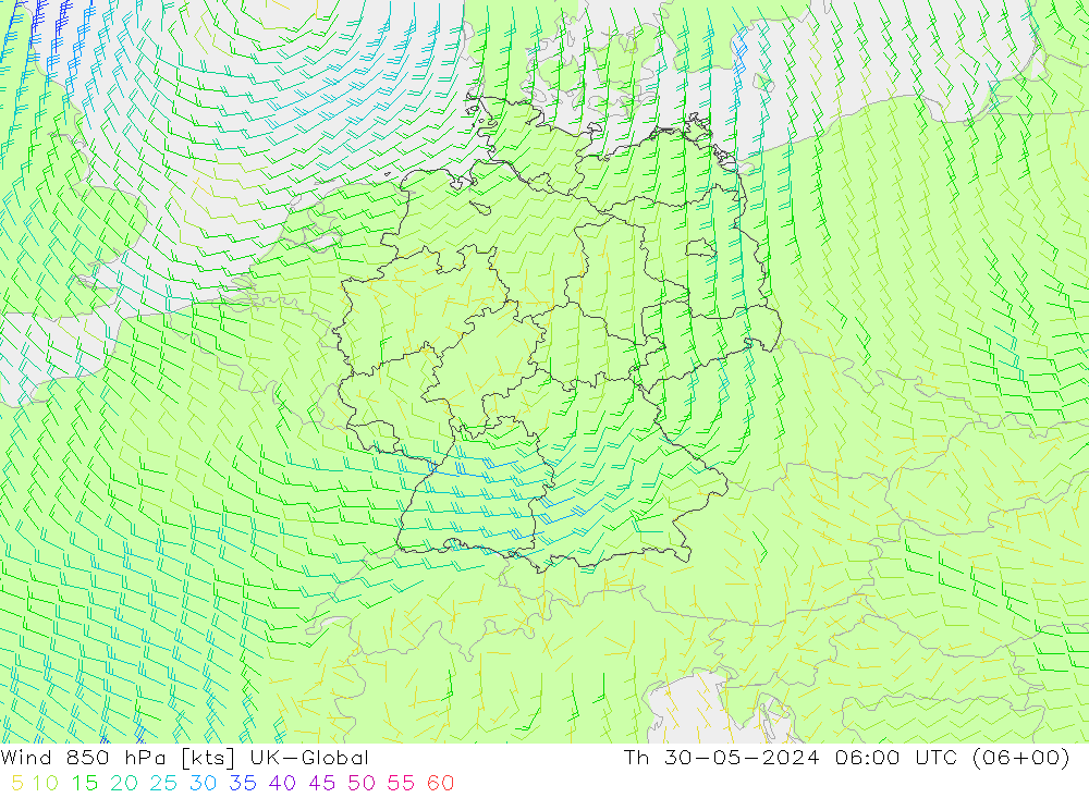 风 850 hPa UK-Global 星期四 30.05.2024 06 UTC